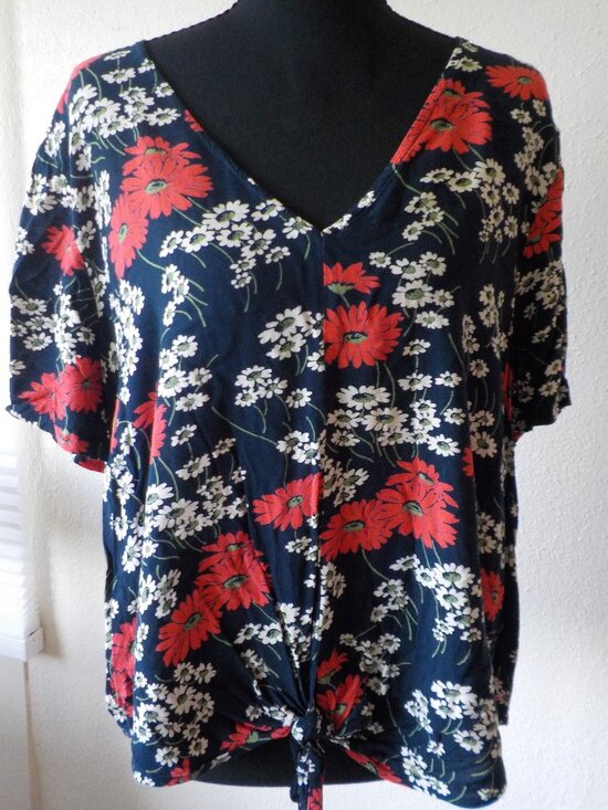 Madewell Tops - Madewell Blouse - X-Large - Red White Blue Flower Short Sleeve V-neck Tie (2598)